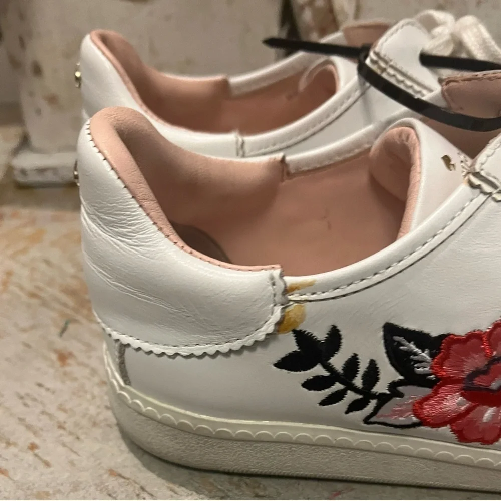 Kate Spade White Sneakers with Pink Floral Embroidered Design 7.5